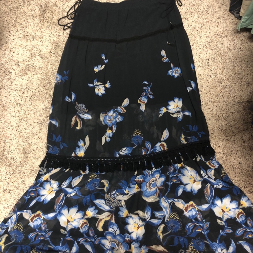 WHBM Black Floral Skirt with tassels